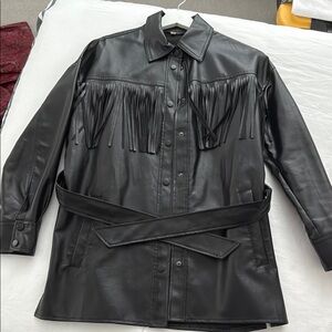 Zara Black Leather Jacket with Fringe and Belt